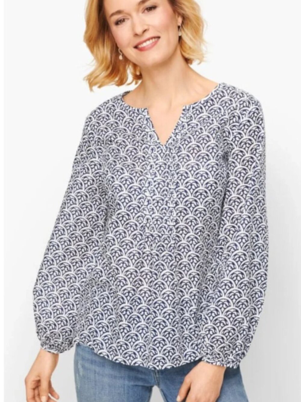 Talbots Plus Petite Navy & White Scallop Tile Print Popover 3XP